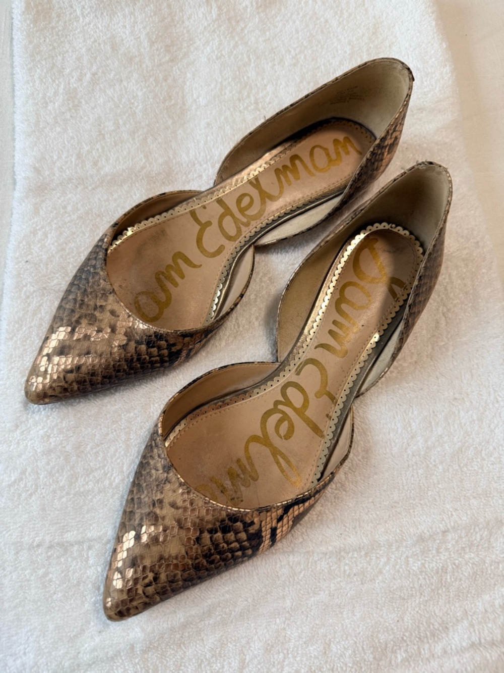 Sam Edelman Metallic Bronze Snake-Print Pointed D'Orsay Flats